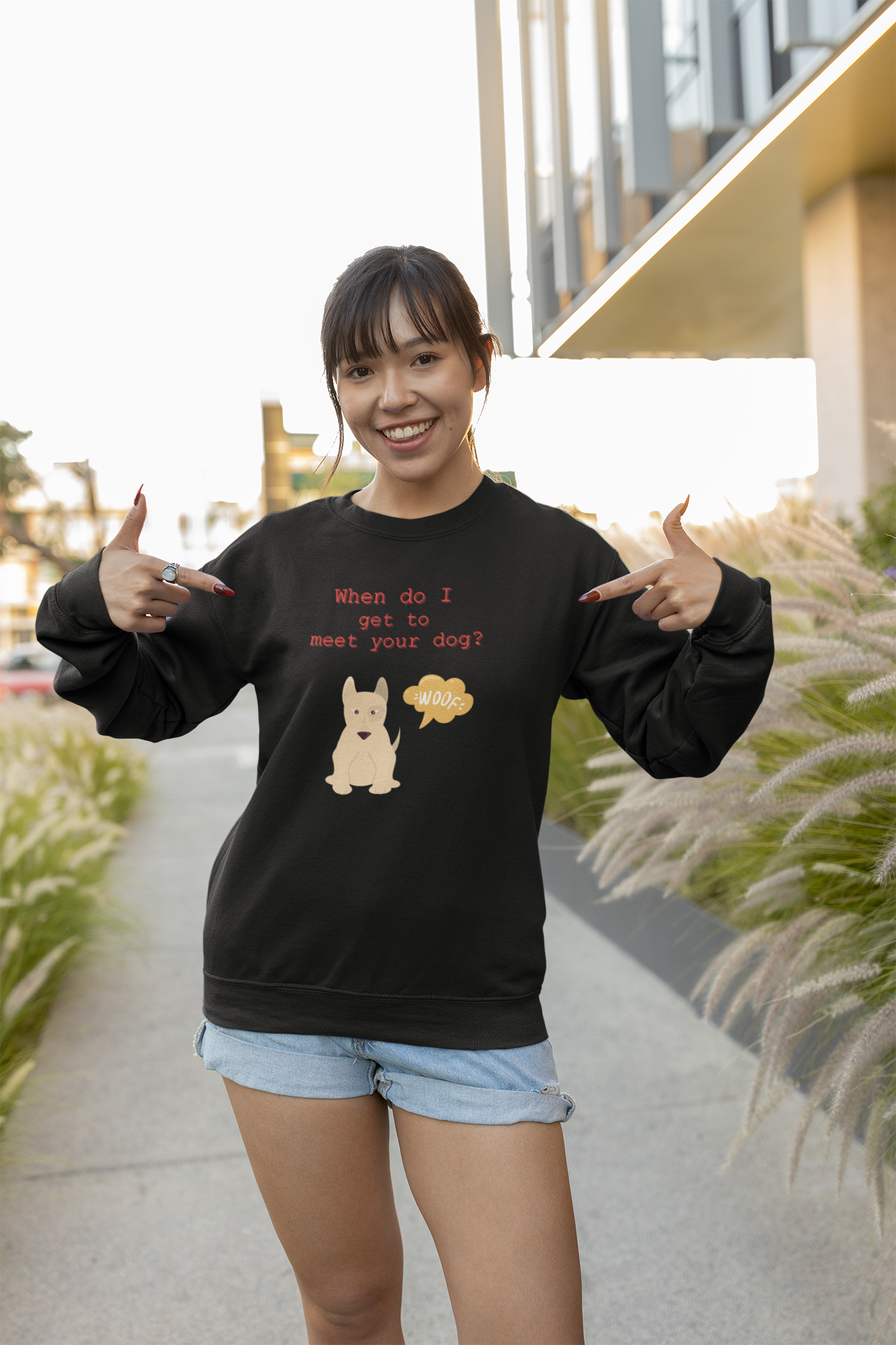 "When do I get to meet your dog?"  Comfy Unisex crewneck sweatshirt