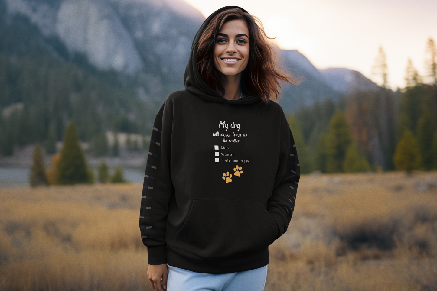 “My Dog Will Never Leave Me for Another...” Unisex Fleece Hoodie with Customizable Punchline: Man, Woman, or Prefer Not to Say