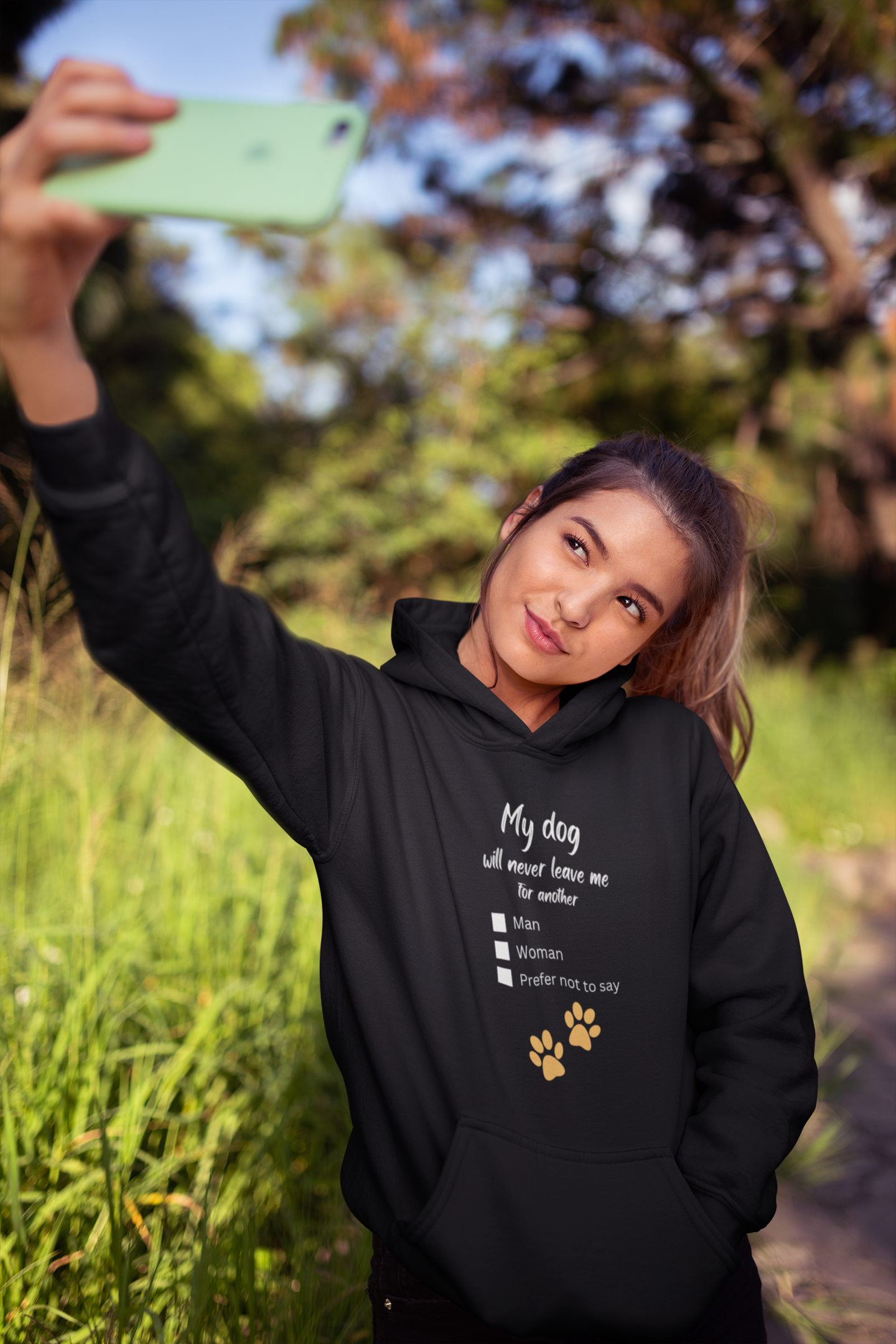 “My Dog Will Never Leave Me for Another...” Unisex Fleece Hoodie with Customizable Punchline: Man, Woman, or Prefer Not to Say