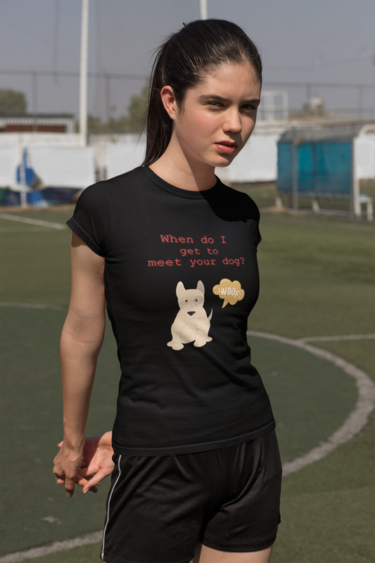 "When do I get to meet your dog?"  “Official Dog Meeting Request” Softstyle T-Shirt for Friendly Dog Fans